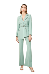 Mint Green V-neck Blazer Pantsuit - FashionByTeresa